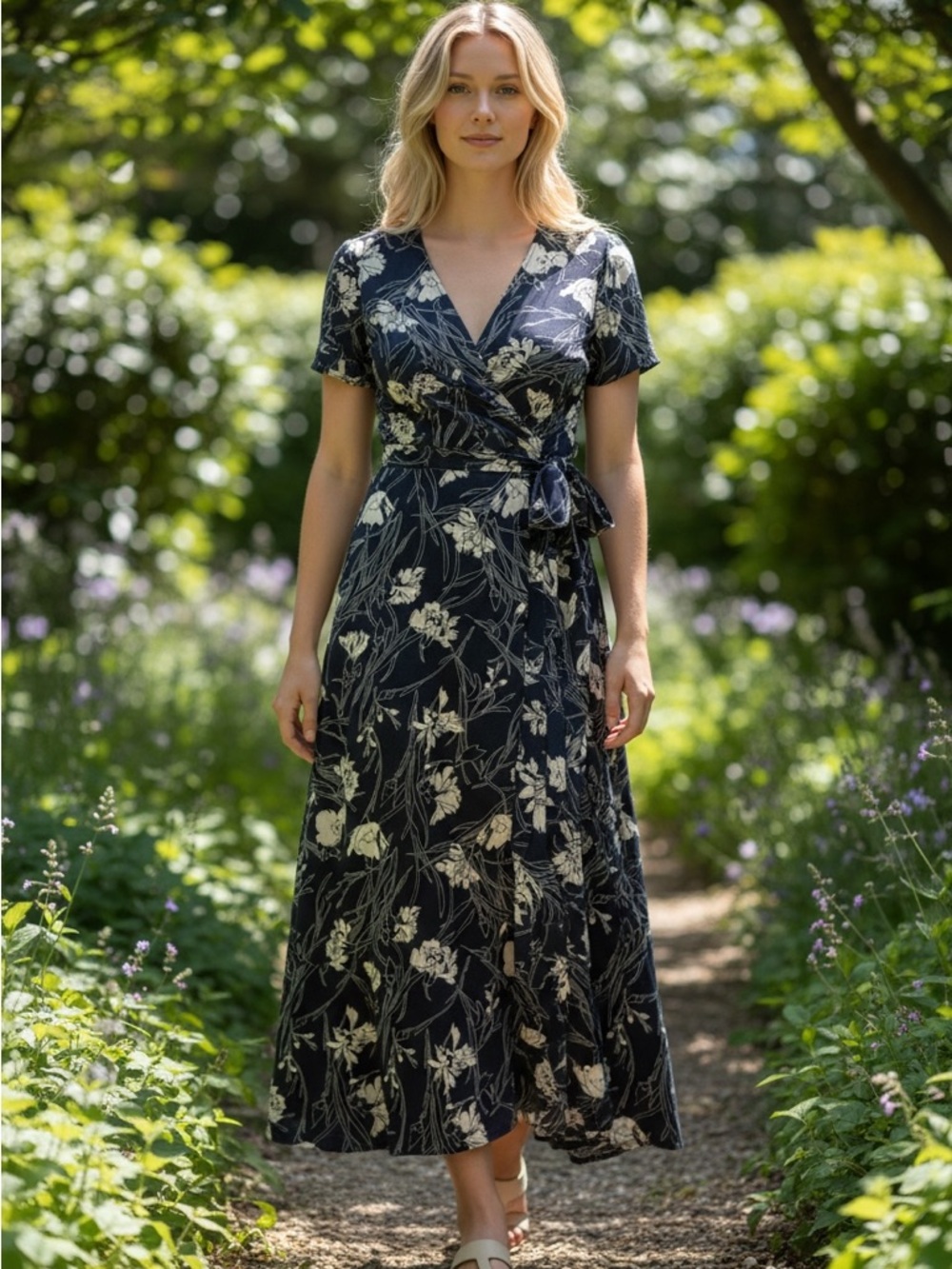 Leith Navy and Cream Floral Wrap Maxi Dress